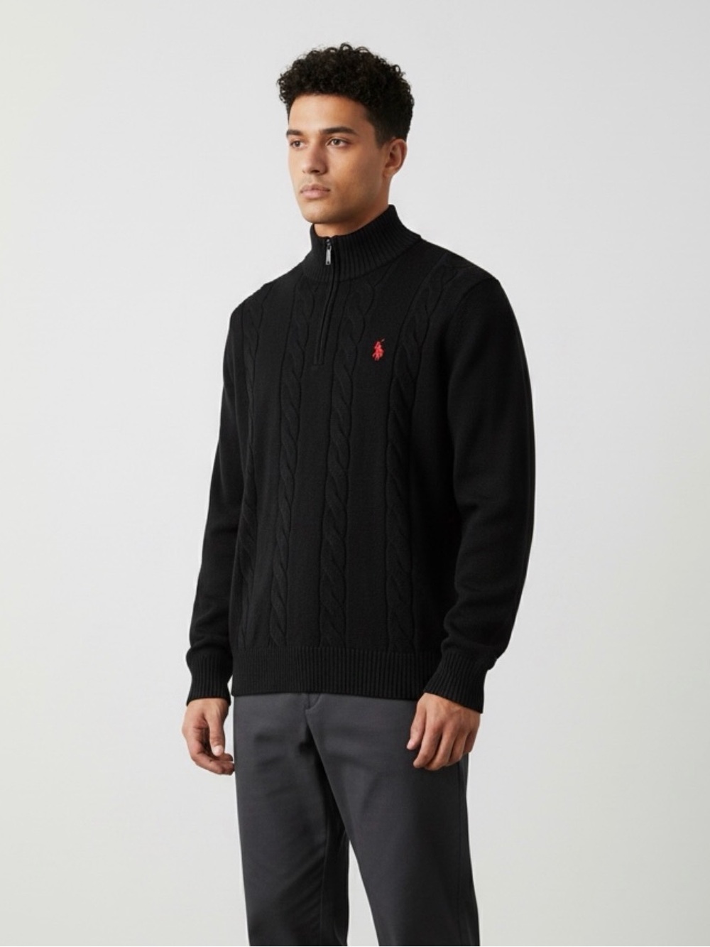 U.s polo Black Cable-Knit Half-Zip Sweater black with red logo